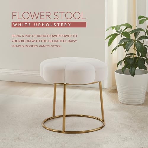 Linon Talulah White Velvet and Gold Metal Vanity and Accent Stool