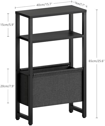Narrow Side Table, Slim End Table with Magazine Rack, Skinny Bedside Table for Small Spaces, 3 Tier Sofa Couch Table Nightstand for Living Room, Bedroom, Black LET503B