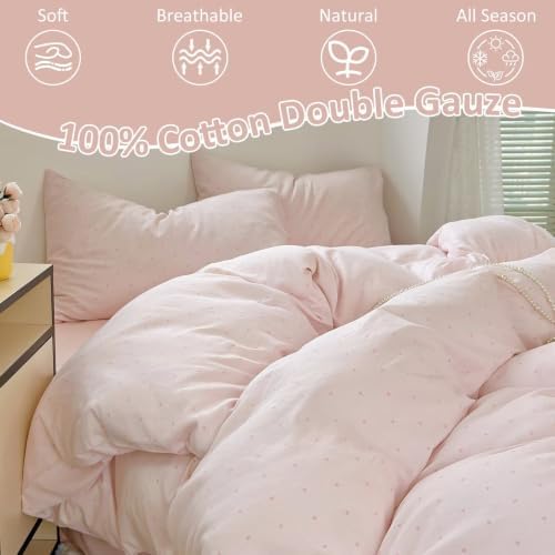 Polka Dot Muslin Duvet Cover Queen Size 3 Pcs Set,90"×90" Bedding