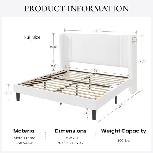 SHA CERLIN Full Velvet Upholstered Bed Frame, Wingback Headboard, White