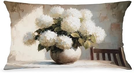Vintage White Hydrangeas Floral Pillow Cover 12x20, Hydrangea Decor, Cottagecore Neutral Farmhouse White Flower Still Life Decorative Lumbar Pillow Cover for Couch Bed Living Room Bedroom