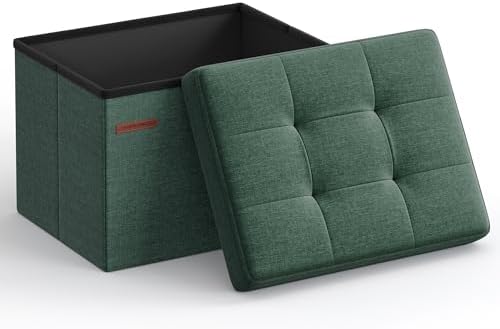 SONGMICS Mazie Collection - Small Folding Storage Ottoman, Foot Rest Stool, 12.2 x 16.1 x 12.2 Inches, 286 lb Load Capacity, for Living Room, Bedroom, Home Office, Dorm, Retro Green ULSF102C01