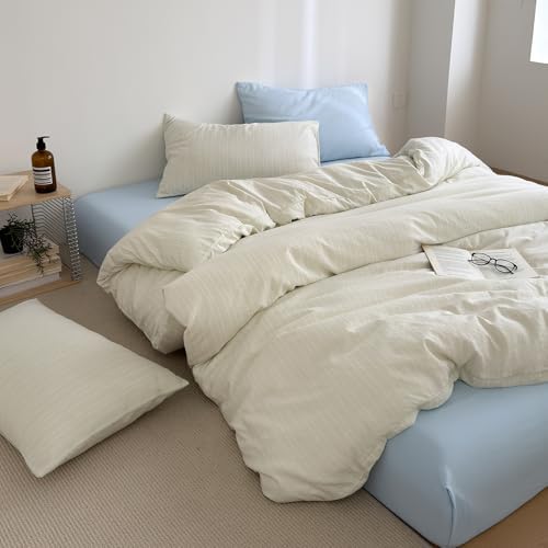 Cottagecore Striped Twin Duvet Cover - Vintage Textured Bedding Set 3-Piece