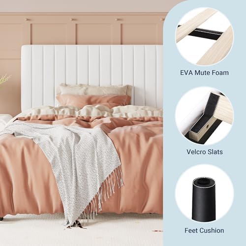 Allewie Twin Bed Frame, Velvet Upholstered Platform Bed with Adjustable Vertical Channel Tufted Headboard, Mattress Foundation with Strong Wooden Slats, Box Spring Optional, Easy Assembly, Off-White