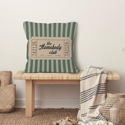 Trendy Retro the Homebody Club Throw Pillow Cover 18x18, Green Striped Cozy Aesthetic Decorative Pillow Covers for Home Bedroom Living Room Couch, Introvert Gifts Accent Pillows Cover Pillowcases
