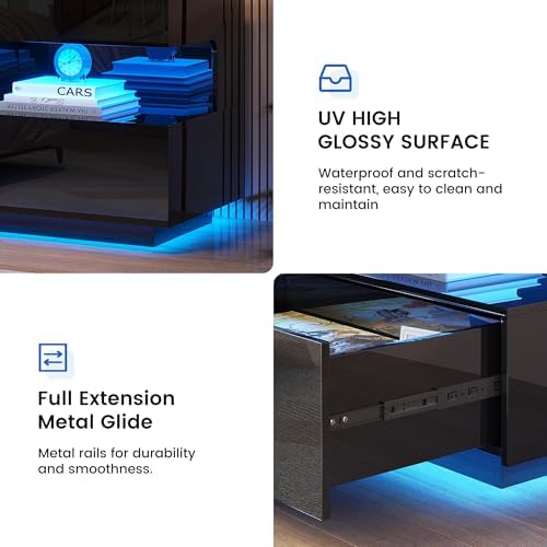 HNEBC High‑Gloss LED Nightstand Set of 2 with Gun Drawers for Bedroom-Black