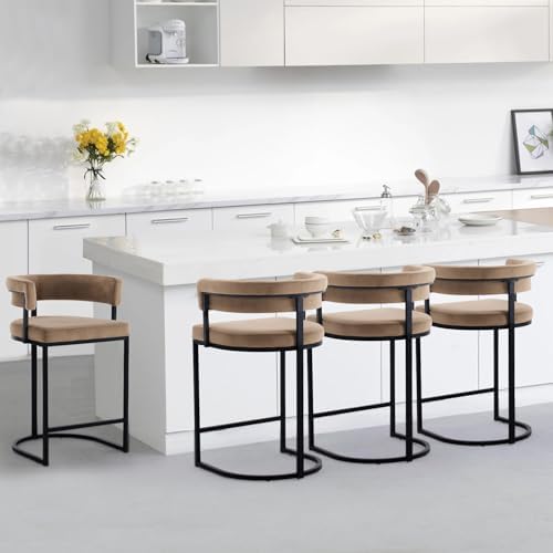 Set of 4 Brown Modern Velvet Bar Stools with Barrel Backrest, Upholstered Seat, and Black Metal Footrest – 25.6-Inch Seat Height, Ideal for Counters, Home Bars, and Kitchen Islands