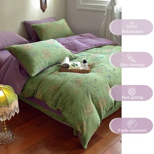 Retro Flower Duvet Cover King,3Pcs Yarn-Dyed French Linen Jacquard Duvet Cover Set Mint Green Purple Bedding Set for Girls Women Without Comforter