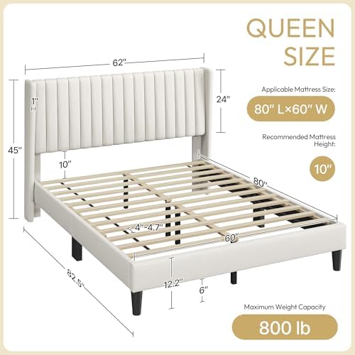 Yaheetech Queen Bed Frame with Headboard, Ivory Channel-Tufted Platform