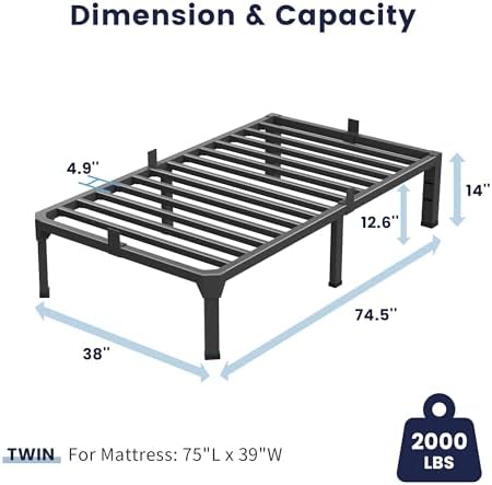 14 Inch Twin Metal Bed Frame with 4 pcs Mattress Stopper