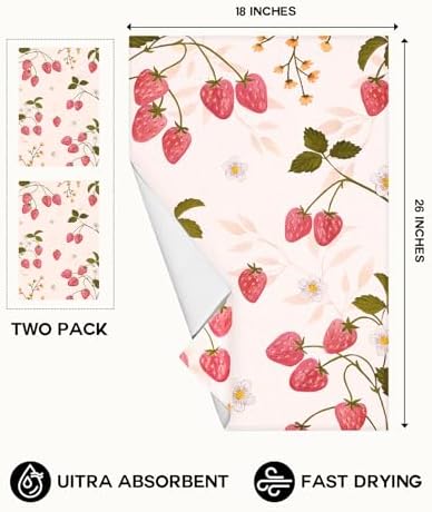 Miss Adola Cute Kitchen Towels Set of 2, 18 x 26 Inch, Strawberry