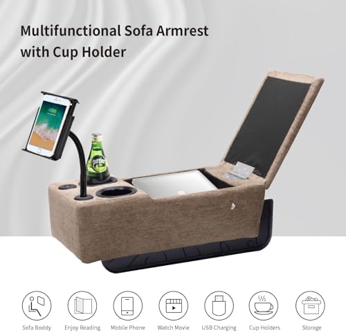 Removable Sofa Armrest with Cup Holder, PU Leather Multifunctional Couch Caddy Storage Arm Rest with Power Wireless Charging Stand & LED Reading Light for Sofa Middle Seat Adjustable
