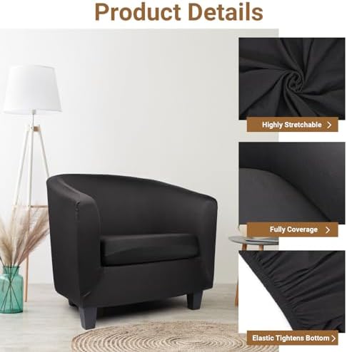 Barrel Chair Covers Slipcover, 2 Piece Black Arm Chair Cover with Chair Cushion Cover, Soft Stretch Club Chair Couch Slipcover with Arms Washable Furniture Protector for Living Room
