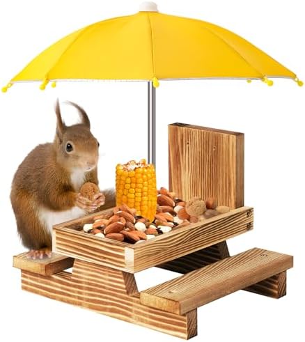 Gnodary Squirrel Feeder with Umbrella, Squirrel Feeders for Outside, Squirrel Picnic Table Feeder - Chipmunk Feeder Hold Corn, Corn Cob, Peanuts Style2 (Yellow)