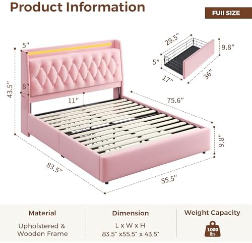 Full LED Velvet Bed Frame with 2 Storage Drawers&Hidden Headboard, Upholstered Platform Bed with Charging Station&Button Tufted Design, Wooden Slats Support, Box Spring Optional, Easy Assembly, Pink