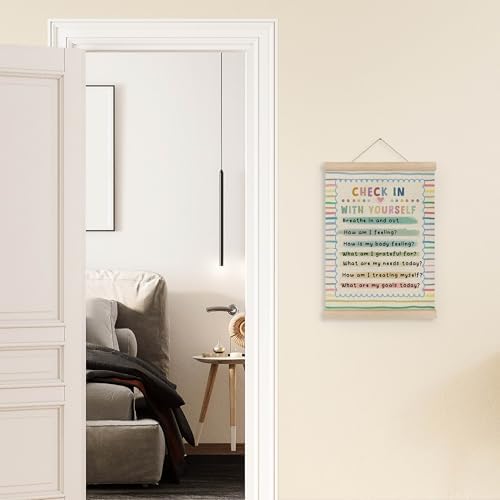 MAQIKA Mental Health Poster Framed with Wood Hanger, Boho Classroom Hanging Wall Decor, Check in with Yourself Rainbow Striped Canvas Wall Art Paints for Therapy Office Kids Room Classroom, 12x16 Inch