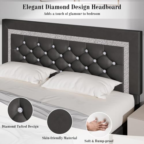BarnFurin Queen Bed Frame with Diamond Tufted Headboard, Grey