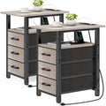 Vagusicc Set of 2 Narrow Nightstand with Charging Station, Slim Dresser for Bedroom Narrow Side Table Storage Cabinet with 3 Drawers, Tall Night Stand End Table for Small Spaces, Greige