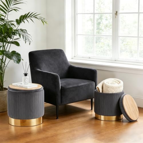 Round Ottoman with Storage Set of 2 Gray Velvet Vanity Stool