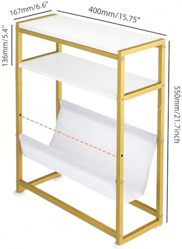Narrow End Table for Small Spaces - Slim Side Table with Magazine Holder,2 in 1 Design Narrow Coffee Table Living Room,Skinny Bedroom Nightstand Thin Side Magazine Table (White+Gold)