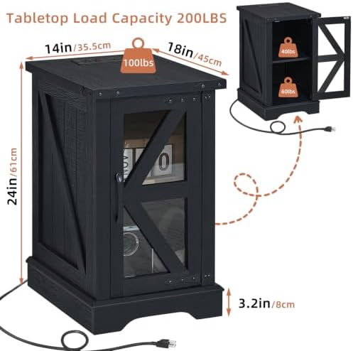 Joaxswe Narrow Night Stand Set 2 with Charger Station, Glass Barn Door
