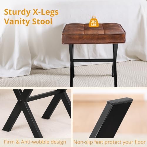 LUE BONA Vanity Stool, Square Faux Leather Makeup Stool with Metal X Legs, Small Ottoman Stool Chair for Vanity, Modern Padded Vanity Seat Foot Rest Stool for Makeup Room, Living Room, Reddish Brown