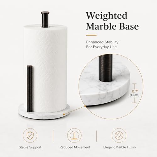 Oil Rubbed Bronze Paper Towel Holder for Kitchen Countertop, 304 Stainless Steel Roll Dispenser with White Engineered Marble Weighted Base, Freestanding Paper Towel Stand for Standard Rolls