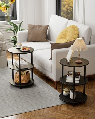 XBurmo Small Round End Table - 3 Tier Design Accent Table, Narrow Side or Bedside Stand, Industrial Vintage Nightstand for Bedroom, Living Room, or Small Spaces, Set of 2, Charcoal Wenge