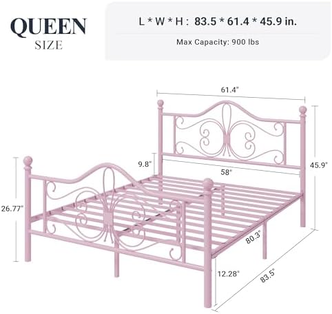 Allewie Metal Queen Platform Bed Frame, Butterfly Pattern Design, Pink