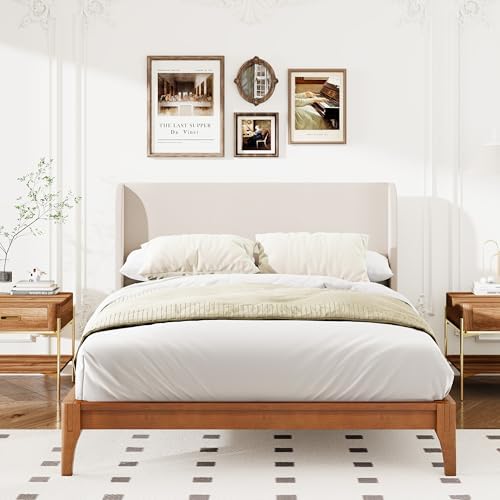 GDFStudio Ceyety Queen Size Wingback High Headboard, Upholstered Linen Fabric Headboard, Bamboo Wood, Easy Assembly, 48''H, Tan