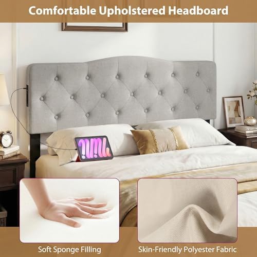 GIANTEX Headboard with Charging Station, Queen/Full Size Button Tufted Upholstered Head Board w/2 AC Outlets, USB & Type-C Ports, Rubber Wood Legs, Width Adjustable Modern Bed Headboard Only (Grey)