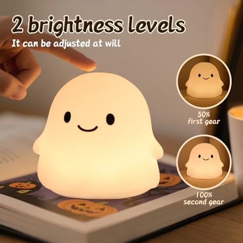 Color Changing Ghost Night Light for Kids, Cute Squishy Silicone Ghost Lamp, 50-Hour Rechargeable Bedside Lamp with Tap Control, Room Decor, Halloween Gifts