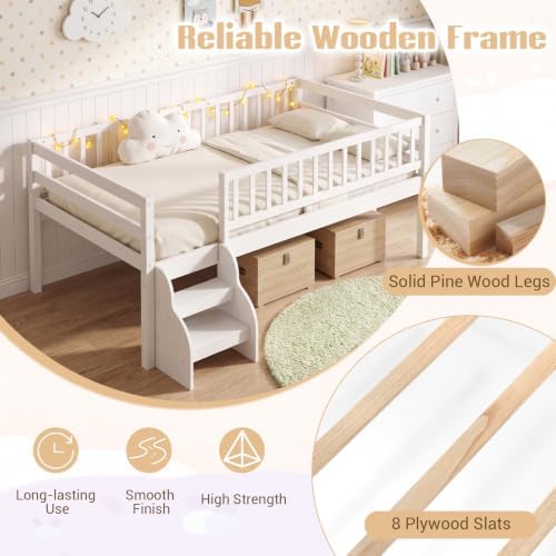 Giantex Kids Low Loft Bed Twin Size with Stairs & Safety Guardrails, White