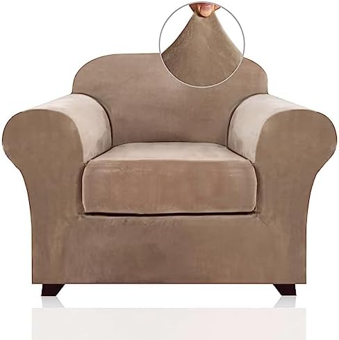 PrinceDeco Velvet Plush Couch Cover Stretch 2 Piece Chair Cover Chair Slipcover Washable Furniture Protector Couch Soft with Elastic Bottom Armchair Cover Width Up to 49 Inch(Small, Camel)