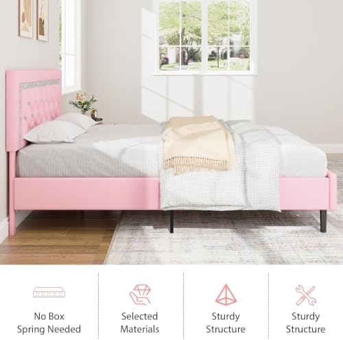 BarnFurin Full Size Bed Frame with Tufted Button Headboard,Pink