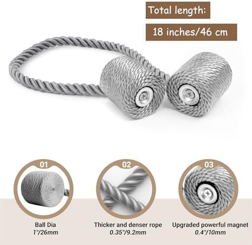 Hion Magnetic Curtain Tiebacks Grey 2pcs, Curtain Tiebacks Buckles Holdbacks Holders Hooks Clip for Home Bedroom Office Decorative Curtain