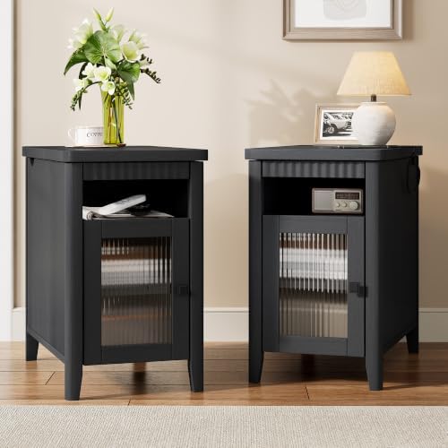 iPormis Narrow End Tables Set of 2 with Charging for Living Room, Black