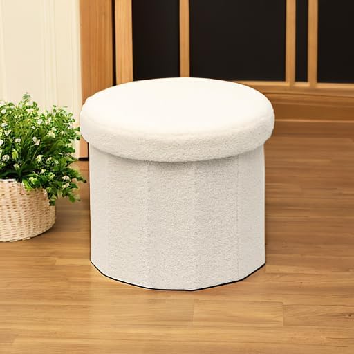 B FSOBEIIALEO Storage Ottoman Cube, Round Ottoman with Storage, Cream White