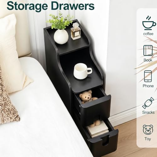 FurSch Narrow Nightstand, Wooden Small 2 Drawer Night Stand (Black-1 pc)