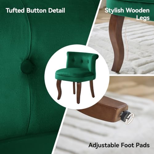 WUTUTUEE Velvet Vanity Chair with Back, Tufted Upholstered Vanity Stool with Solid Wood Legs, Mid Century Small Makeup Chair for Vanity, Accent Chair for Bedroom, Living Room, Green