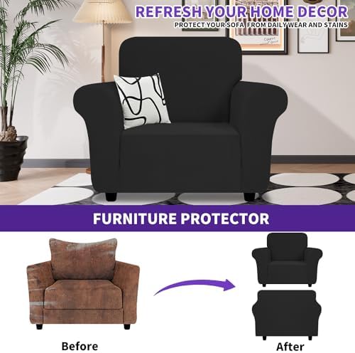 ZNSAYOTX Chair Cover with Arms (30"-47"), New Striped Sofa Chair Covers for Living Room, Dogs Pet Friendly Anti-Slip Chair Protector Spandex Armchair Slipcovers (Black, Chair)