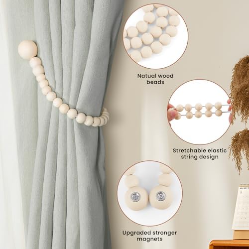 KLOGTSIND Magnetic Curtain Tiebacks, 6 Pack Wood Bead Curtain Holdbacks