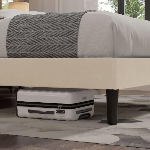 VECELO Queen Size Bed Frame with Upholstered Headboard, Velvet Platform Bedframe Mattress Foundation, Strong Wood Slat Support, No Box Spring Needed,Bone Beige