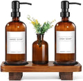 Kitchen Soap Dispenser Set with Wood Riser Tray, Amber Glass Soap Dispenser with Stainless Steel Pump, Hand and Dish Soap Dispenser Set for Kitchen, Soap and Lotion Dispenser Bathroom Decor(Amber)