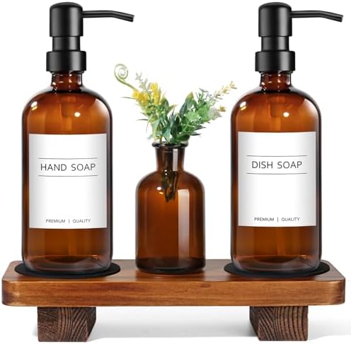 Kitchen Soap Dispenser Set with Wood Riser Tray, Amber Glass Soap Dispenser with Stainless Steel Pump, Hand and Dish Soap Dispenser Set for Kitchen, Soap and Lotion Dispenser Bathroom Decor(Amber)