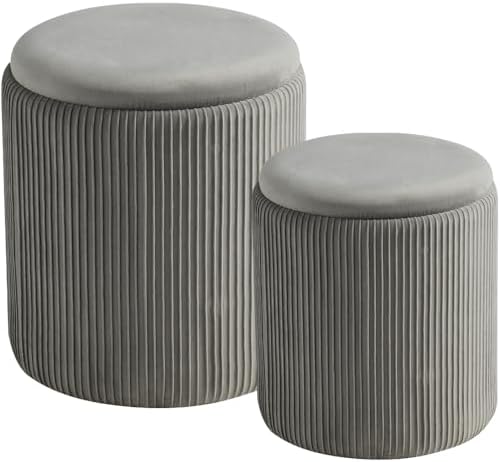 BLEXA Set of 2 Round Storage Ottoman Light Grey Velvet Ottoman with Storage