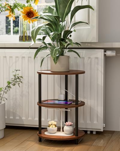 XBurmo Small Round End Table - 3 Tier Design Accent Table, Narrow Side or Bedside Stand, Industrial Vintage Table for Small Spaces, Built-in USB Ports and Power Outlet, Rustic Walnut