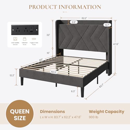 SHA CERLIN Queen Bed Frame, Velvet Upholstered Platform Bed Frame with Wingback Storage Headboard & Charging Station, Geometric Tufted Design, No Box Spring Needed, Easy Assembly, Grey