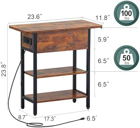 Yoobure End Table with Charging Station, Flip Top Side Table with USB Ports and Outlets, Sofa Couch Table Bedside Table for Living Room Bedroom, Narrow Nightstand with Storage Shelves for Small Space