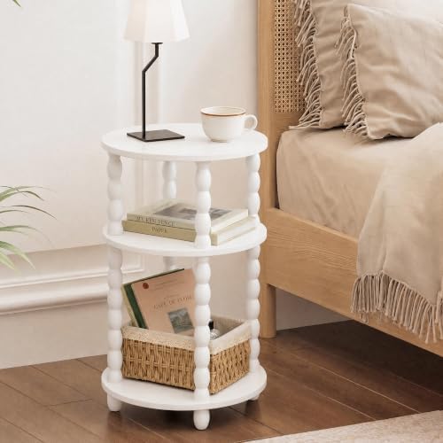 3-Tier Round Side Table, Small End Table with Solid Wood Spindle Legs White